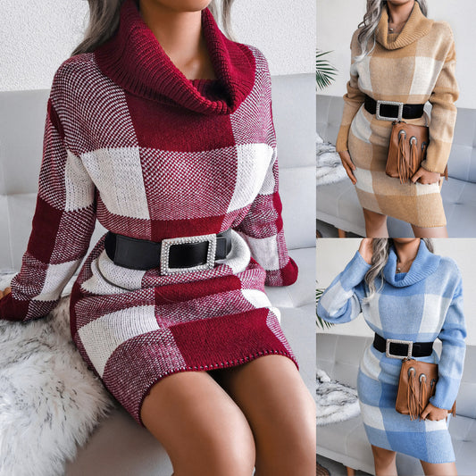 Casual Plaid High Collar Wool Dress Knitted Dress For Women - FSHN LTD 14639486