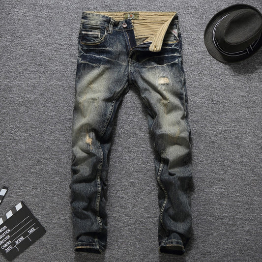 Men Jeans Vintage Retro Style Slim Fit Ripped Jeans - FSHN LTD 14639486