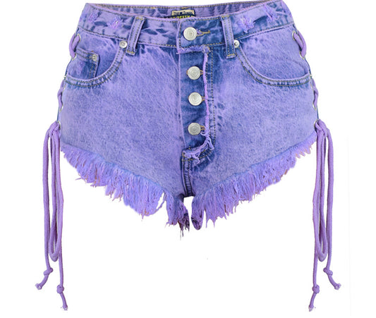 Womens High Waist Frayed Purple Denim Shorts - FSHN LTD 14639486