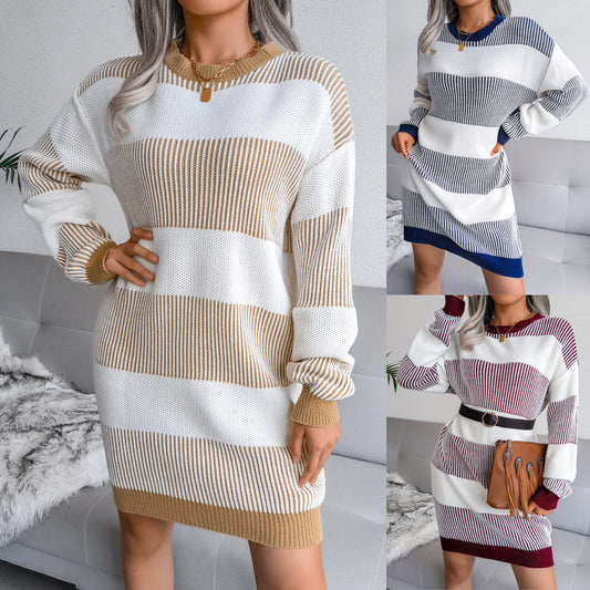 Striped Casual Loose Wool Dress Knitted Dress For Women - FSHN LTD 14639486