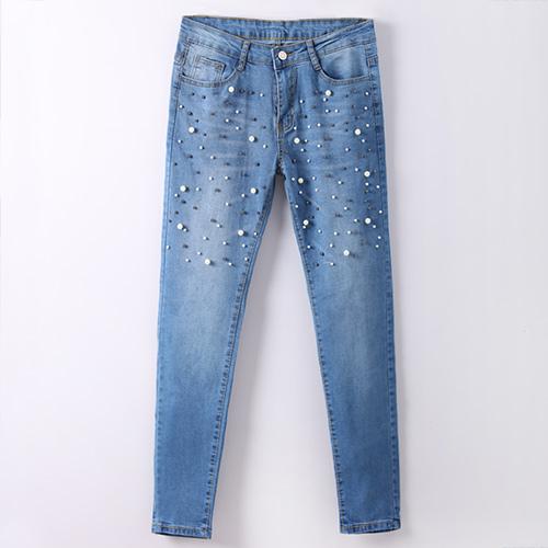Denim Women Skinny Jeans With Pearls - FSHN LTD 14639486