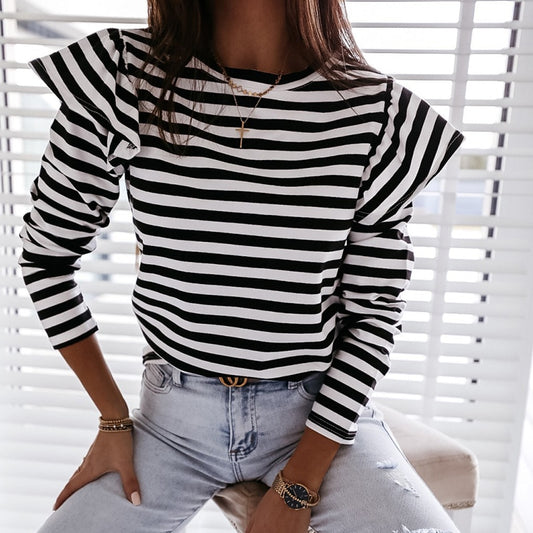 Women Blouse Shirt Striped Ruffle Long Sleeve Tops - FSHN LTD 14639486