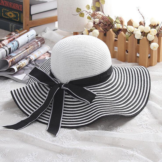 Hepburn Wind Black White Striped Bowknot Summer Sun Hat - FSHN LTD 14639486