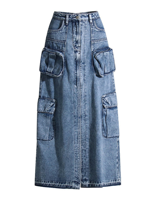 High Waist Denim Pocketed Skirt - FSHN LTD 14639486