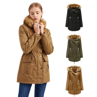 Women's plus size plus velvet cotton padded jacket with hooded fur collar - FSHN LTD 14639486