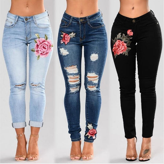 Women Elastic Flower Jeans - FSHN LTD 14639486