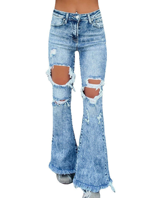 Womens Ripped Knee Tassel Jeans - FSHN LTD 14639486
