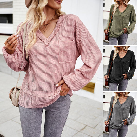 Solid color knitted shirt women's V-neck long sleeved top - FSHN LTD 14639486