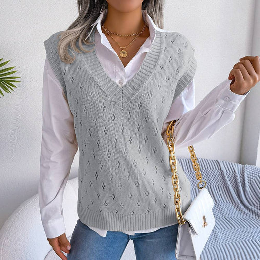 Casual Hollow V-Neck Knitted Vest Sweater