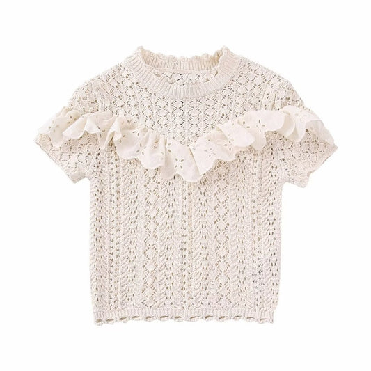 Round Neck Short Sleeve Lace Ruffle Knitted Top - FSHN LTD 14639486
