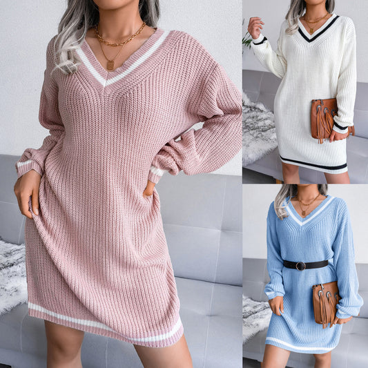 College Style V-Neck Wool Dress Knitted Dress For Women - FSHN LTD 14639486