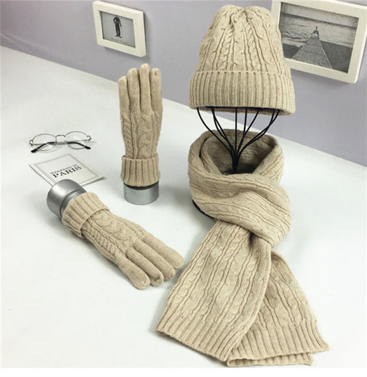 Solid Color Twist Warm Hat Scarf and Gloves Set - FSHN LTD 14639486